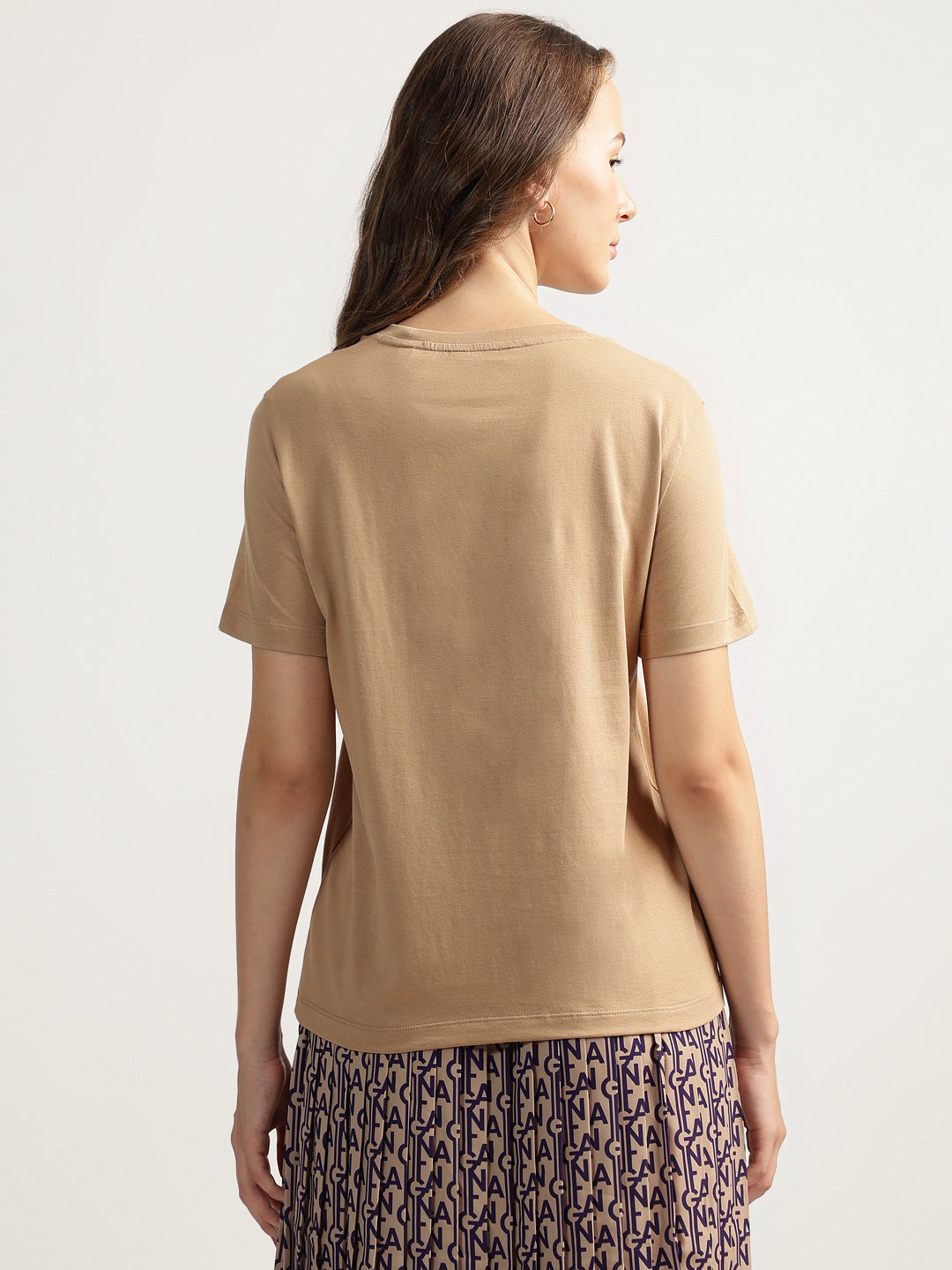 Gant Women Beige Solid Round Neck Short Sleeves T-Shirt