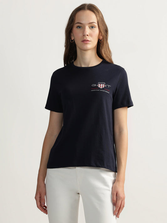 Gant Women Blue Solid Round Neck Short Sleeves T-shirt