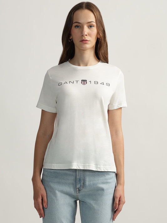 Gant Women White Solid Round Neck Short Sleeves T-Shirt