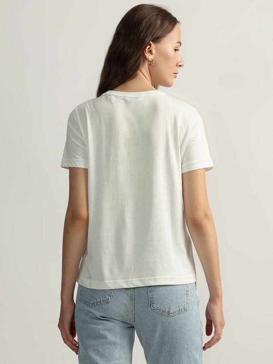 Gant Women White Solid Round Neck Short Sleeves T-Shirt