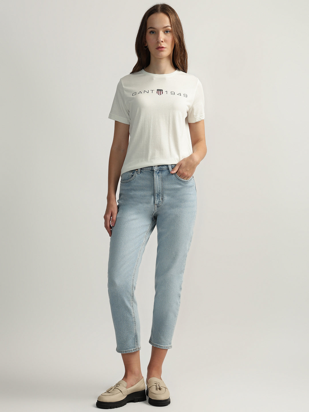 Gant Women White Solid Round Neck Short Sleeves T-Shirt