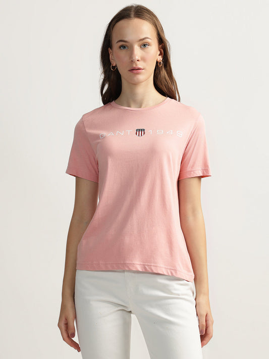 Gant Women Pink Solid Round Neck Short Sleeves T-shirt