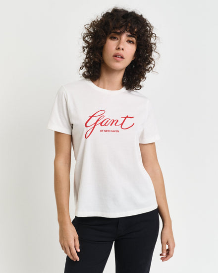 Gant Women White Solid Round Neck Short Sleeves T-Shirt