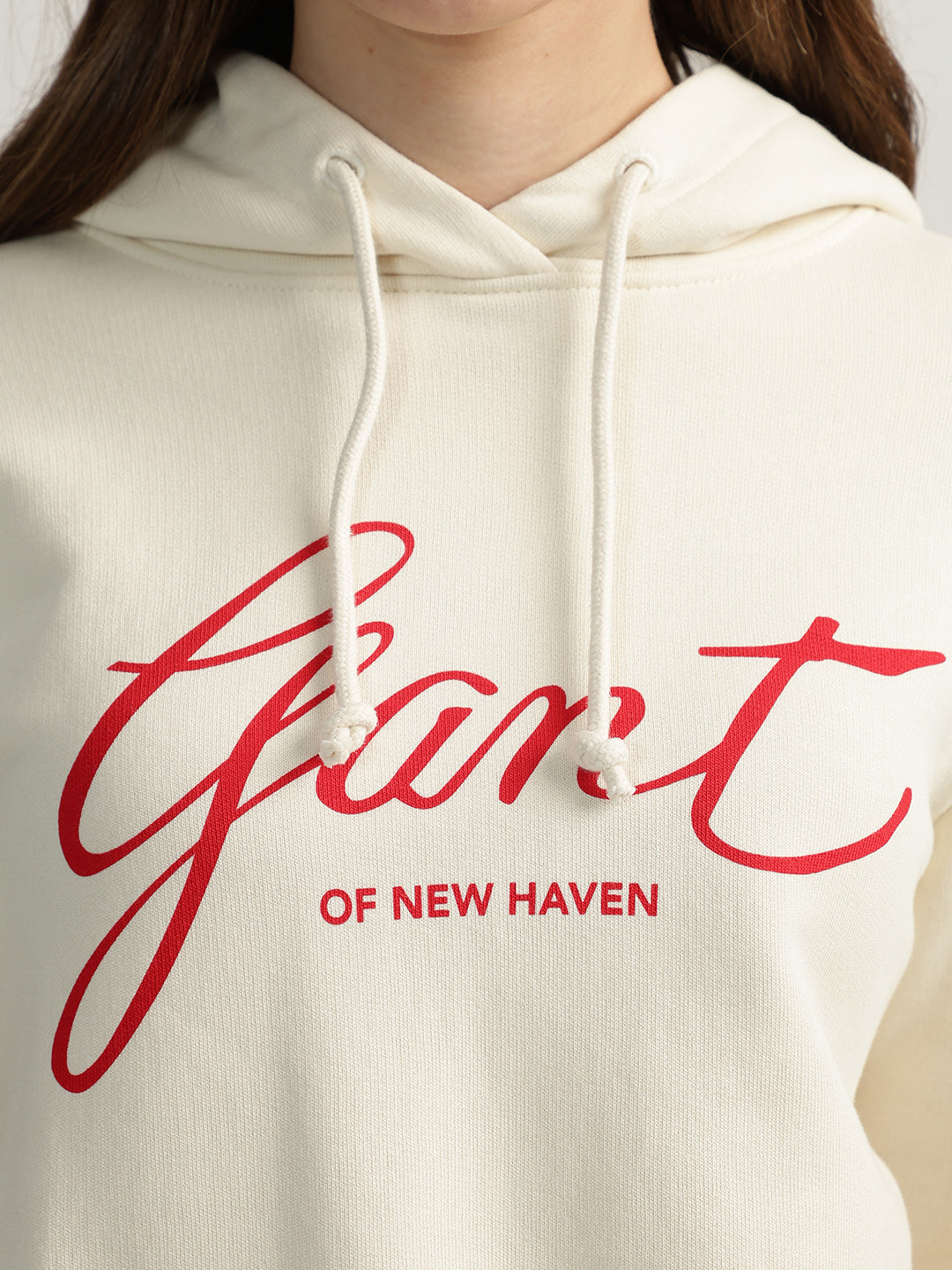 Gant Women Cream Printed Hooded Full Sleeves Pullover Style Sweatshirt