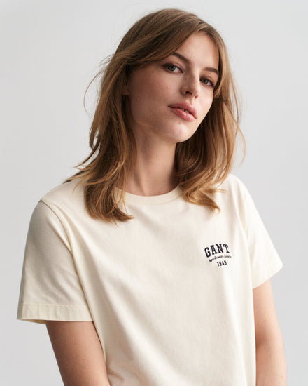 Gant Women Cream Solid Round Neck Short Sleeves T-Shirt