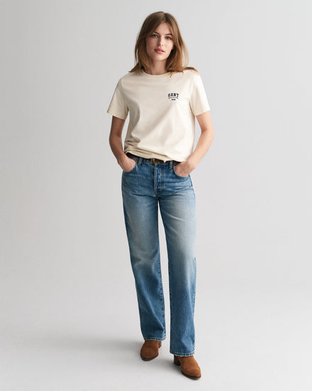 Gant Women Cream Solid Round Neck Short Sleeves T-Shirt