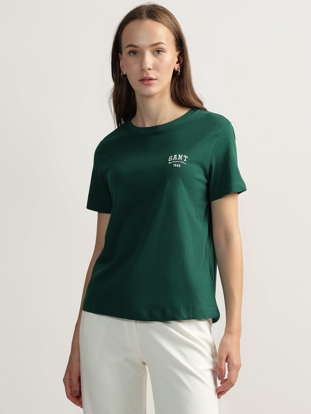 Gant Women Green Solid Round Neck Short Sleeves T-shirt