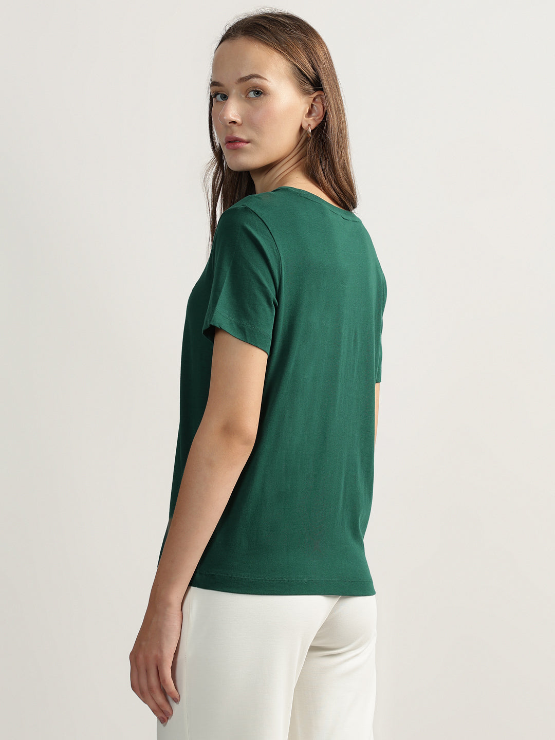 Gant Women Green Solid Round Neck Short Sleeves T-shirt