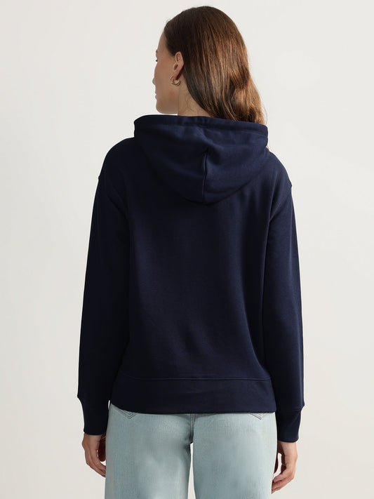 Gant Women Blue Solid Hooded Full Sleeves Pullover Style Sweatshirt