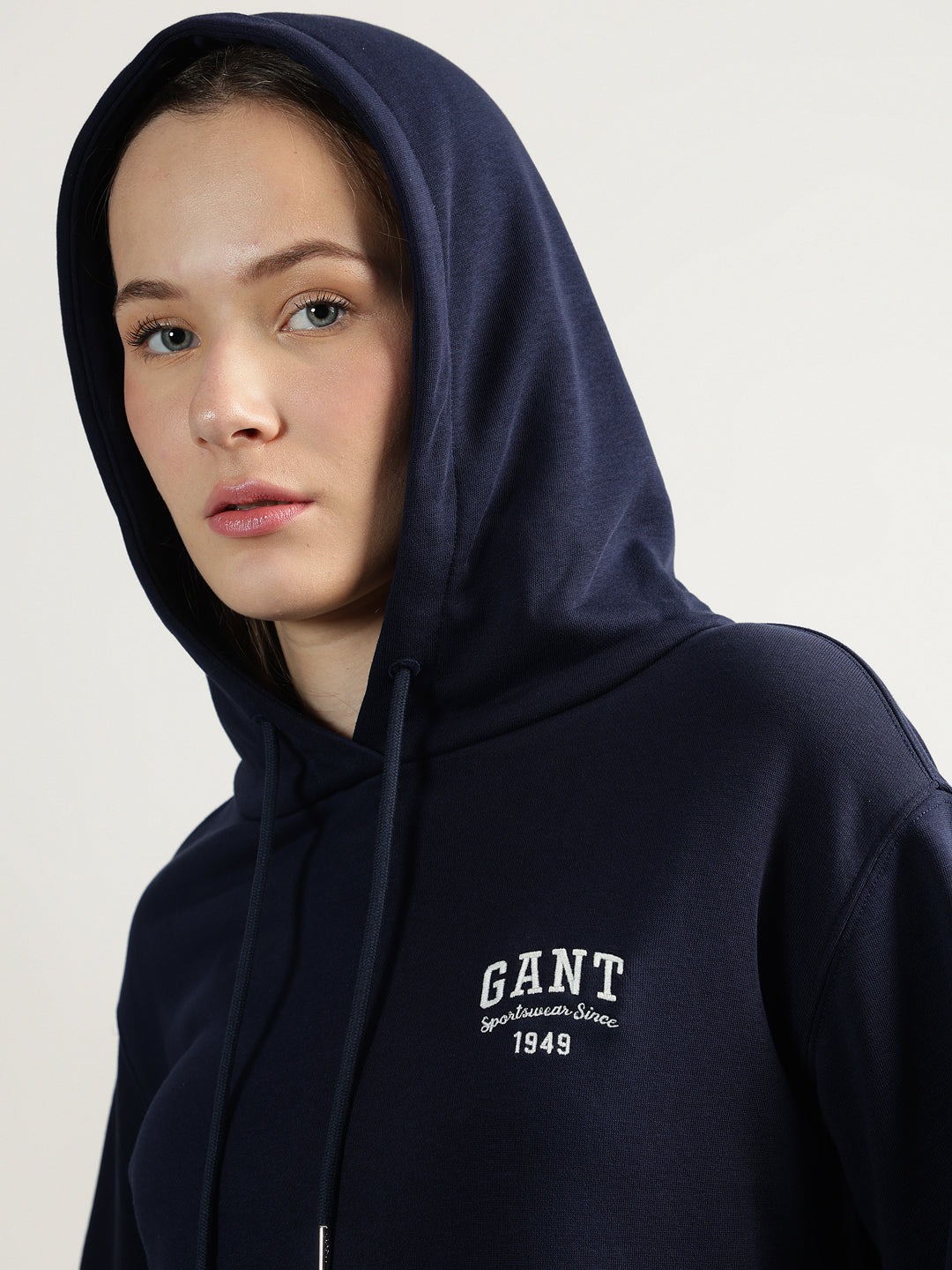 Gant Women Blue Solid Hooded Full Sleeves Pullover Style Sweatshirt