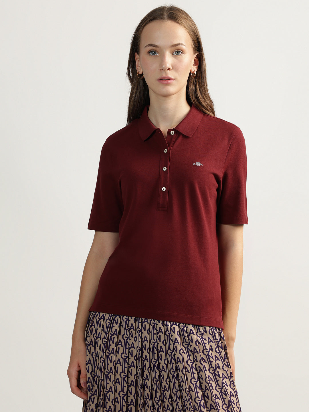 Gant Women Red Solid Polo Collar Short Sleeves T-Shirt