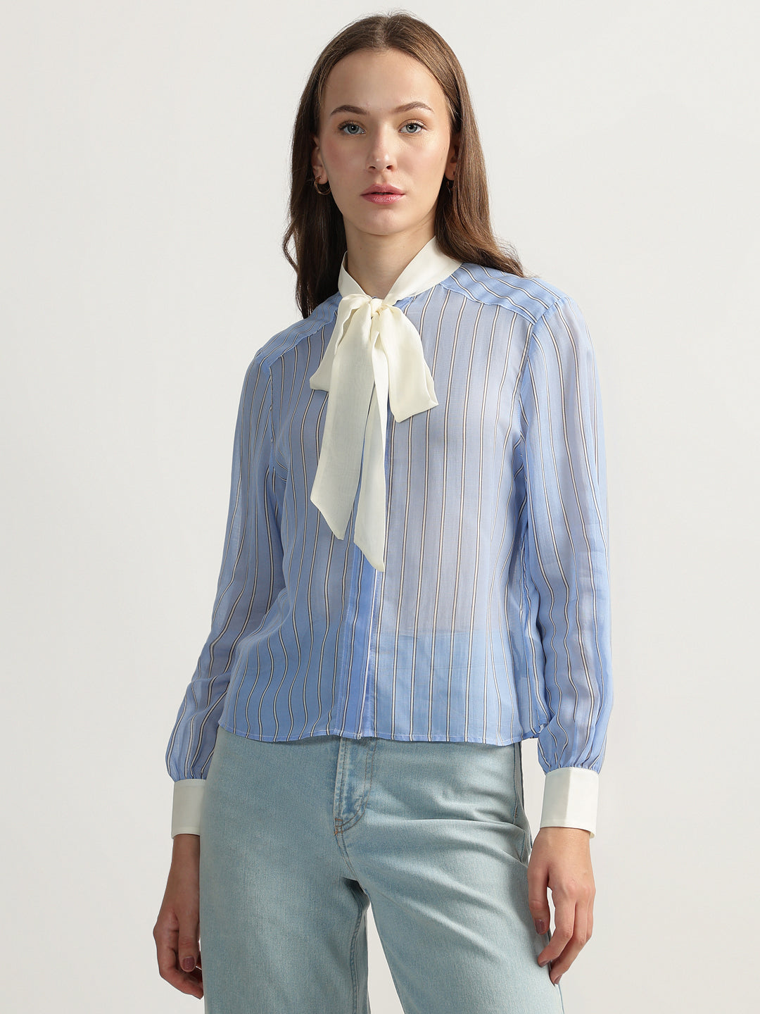 Gant Women Blue Striped Tie-up Neck Full Sleeves Shirt