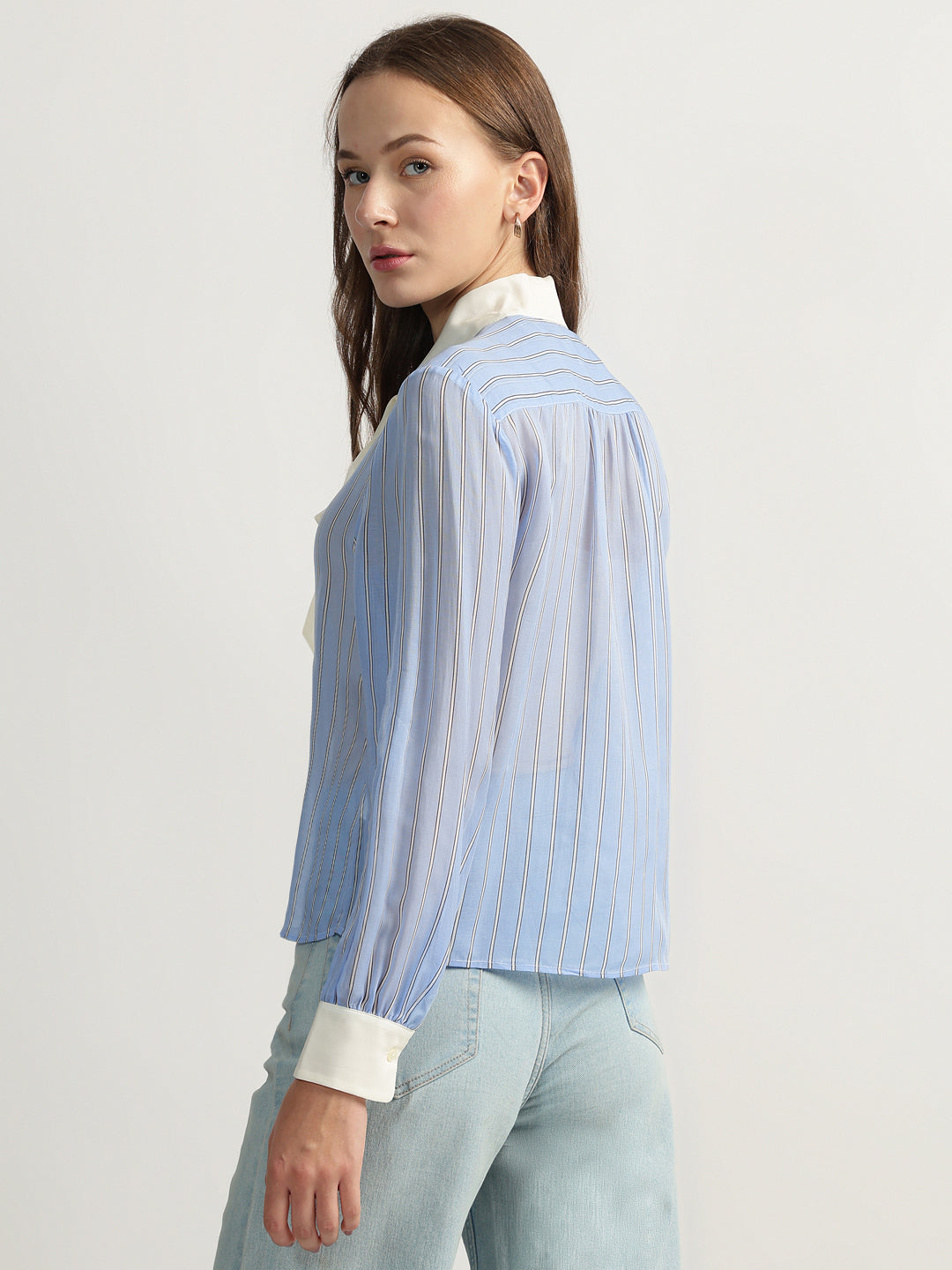 Gant Women Blue Striped Tie-up Neck Full Sleeves Shirt