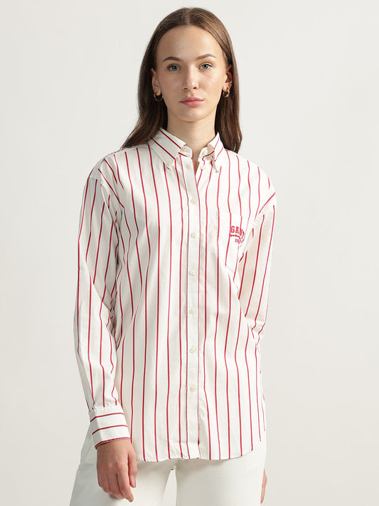 Gant Women Red Striped Spread Collar Full Sleeves Shirt