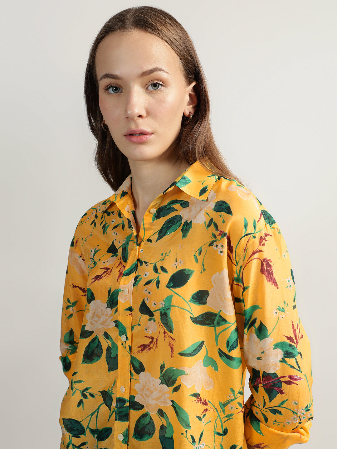 Gant Women Yellow Printed Spread Collar Full Sleeves Shirt