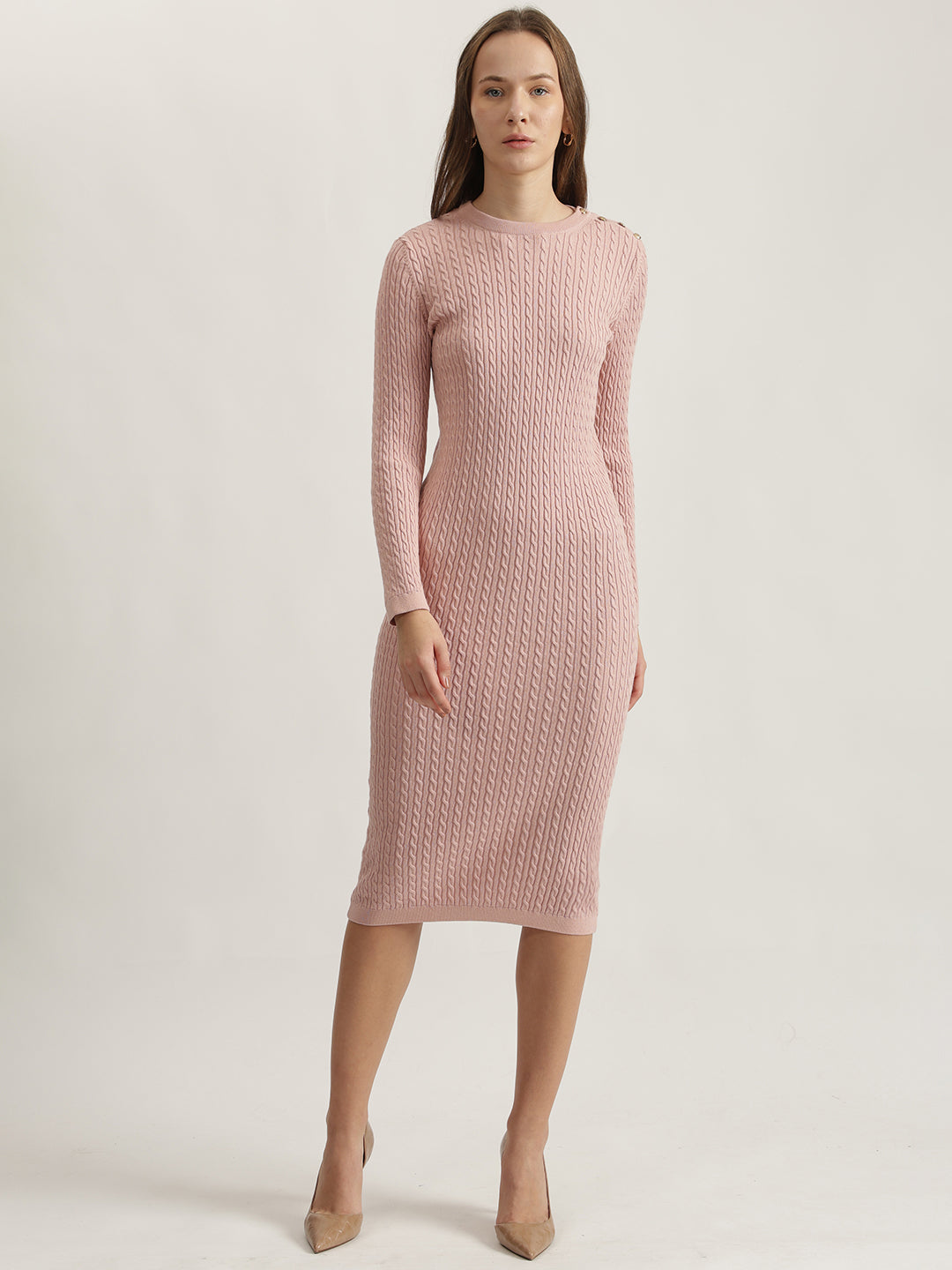 Gant Women Pink Solid Round Neck Full Sleeves Winter Dress