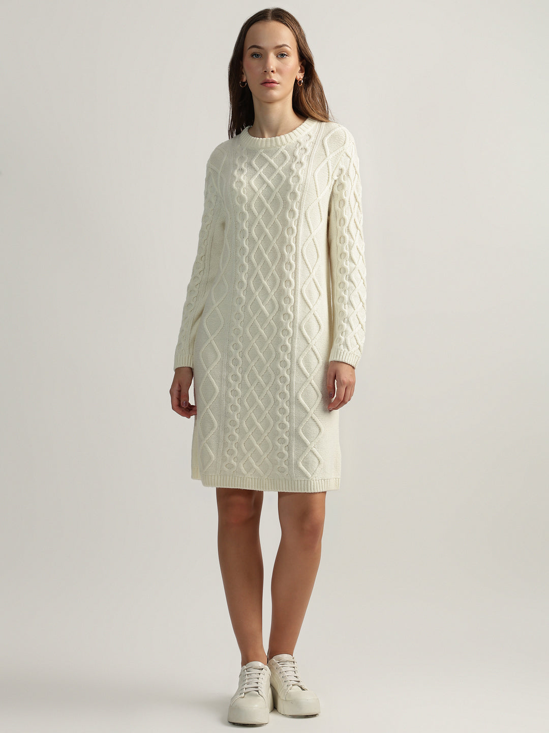 Gant Women Cream Solid Round Neck Full Sleeves Jumper Dress