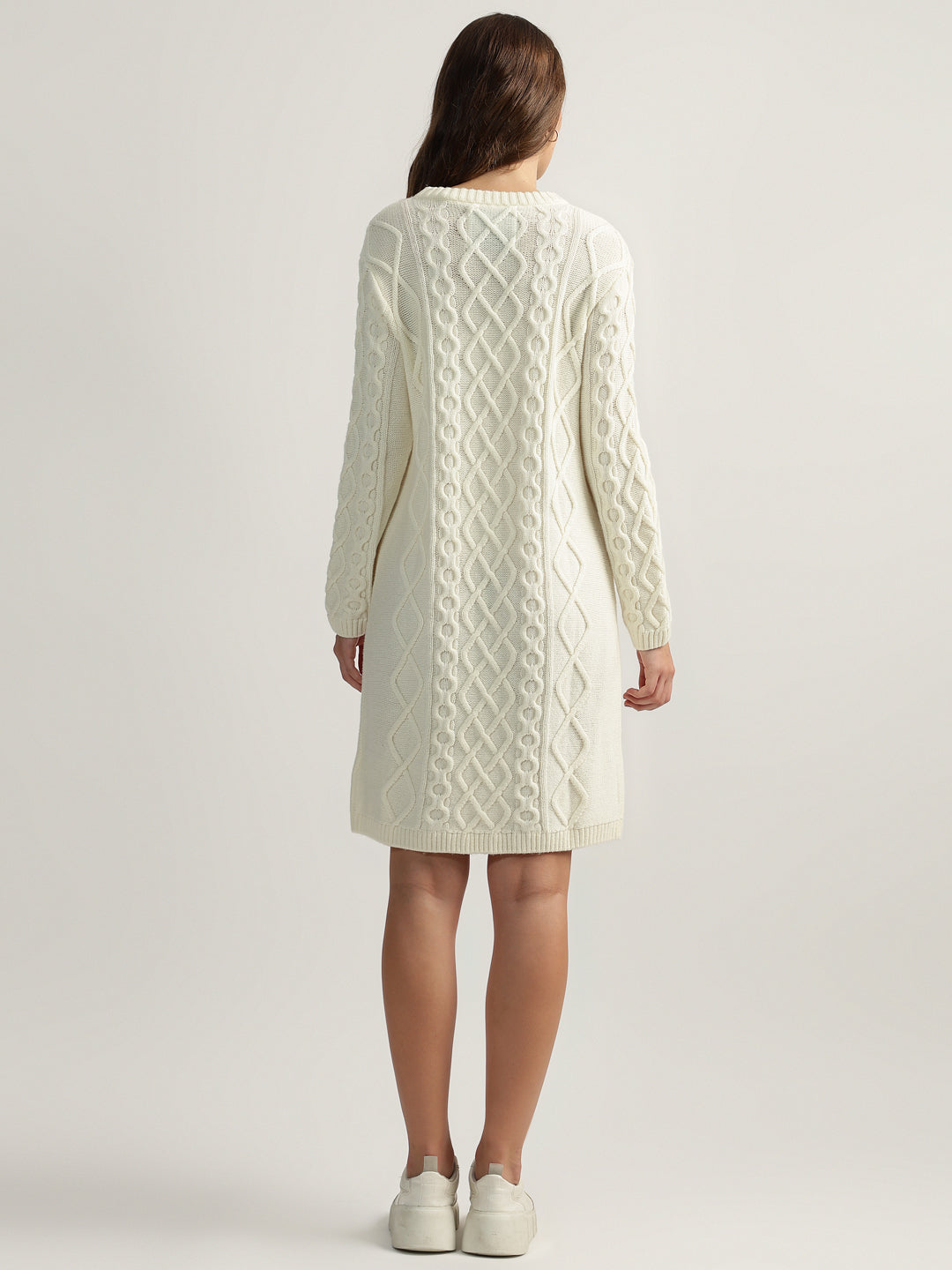 Gant Women Cream Solid Round Neck Full Sleeves Jumper Dress