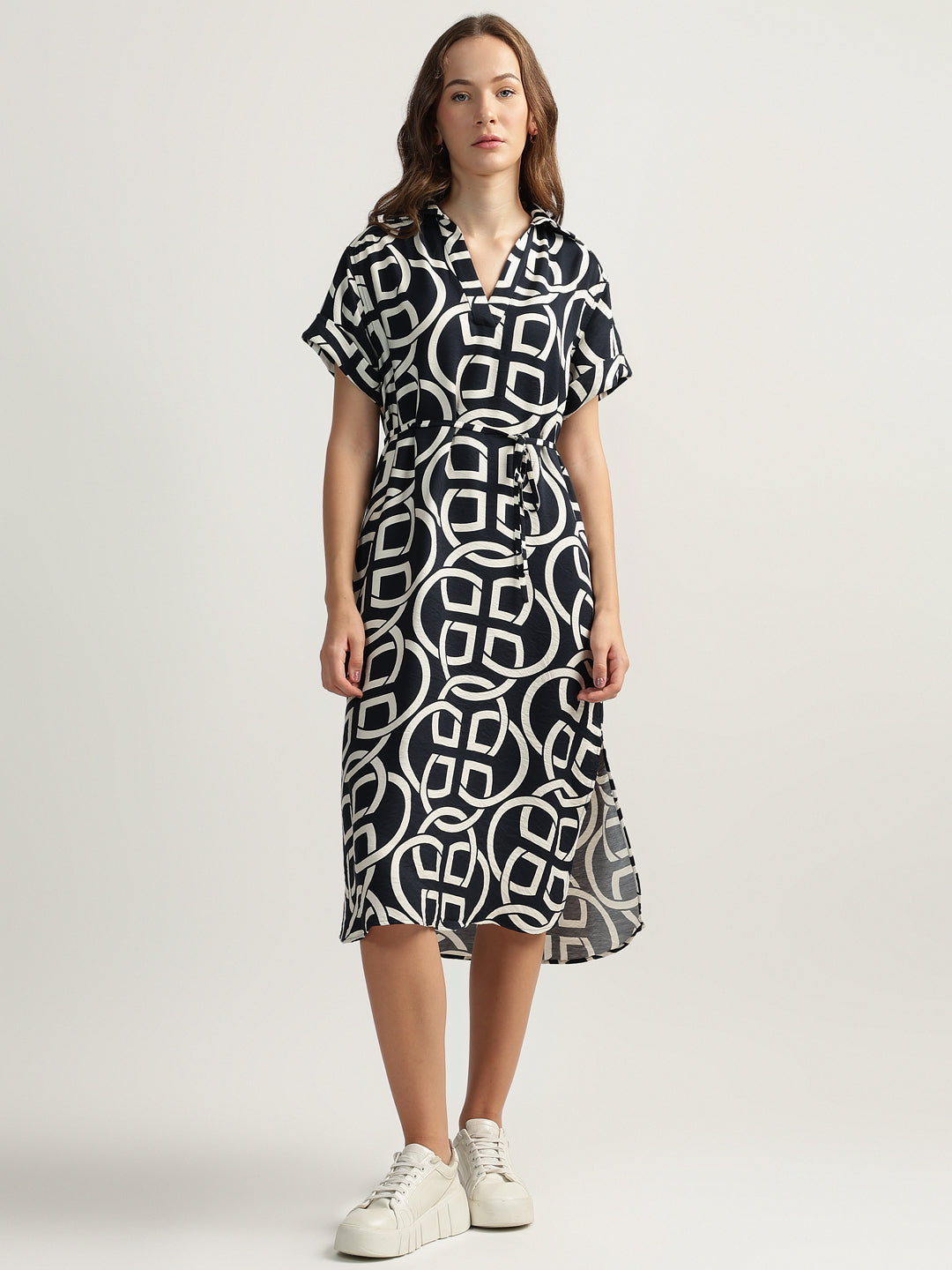 Gant Women Black Printed Spread Collar Short Sleeves A-line Dress