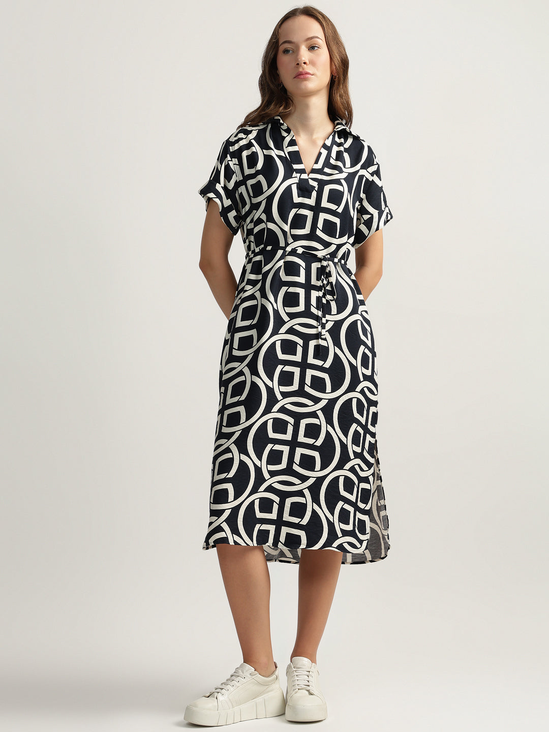 Gant Women Black Printed Spread Collar Short Sleeves A-line Dress