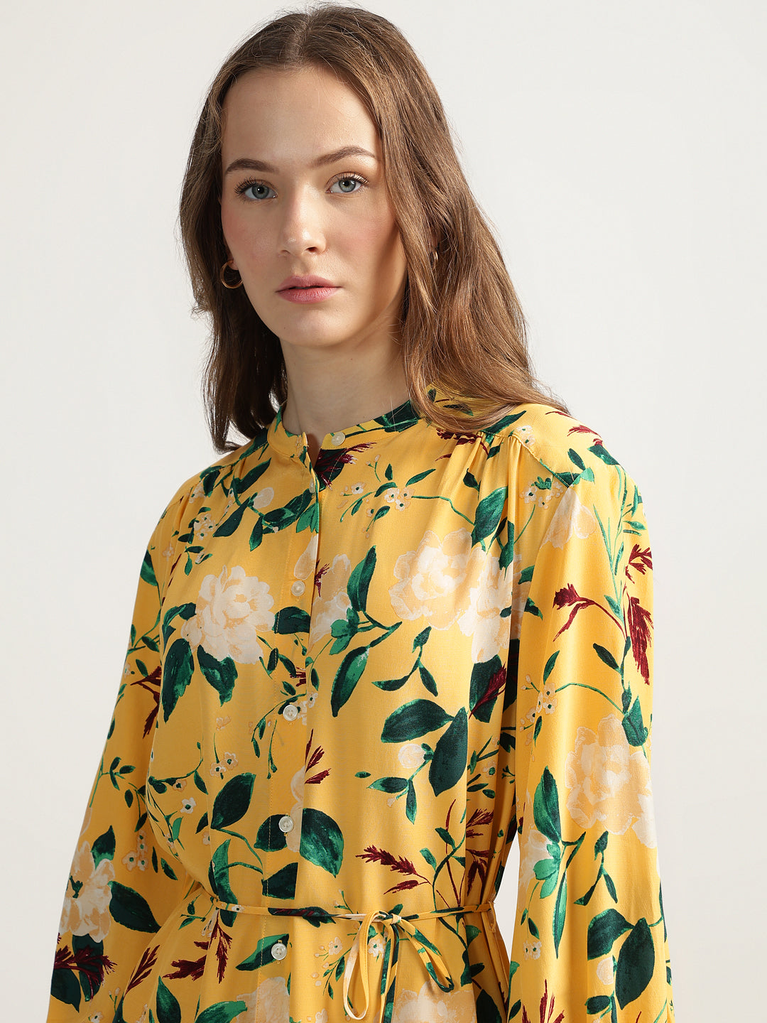 Gant Women Yellow Printed Band Collar Full Sleeves Shirt Dress