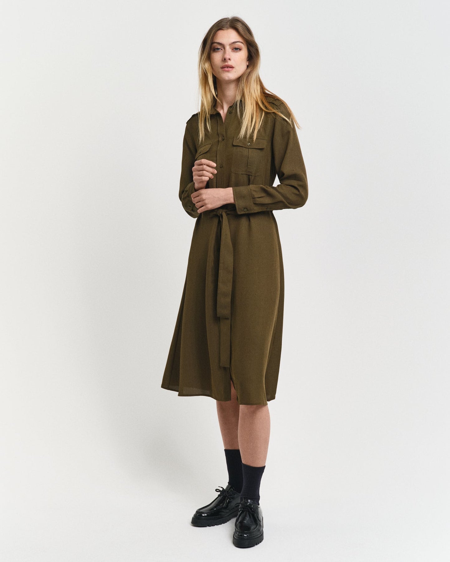 Gant Women Green Solid Spread Collar Full Sleeves Shirt Dress