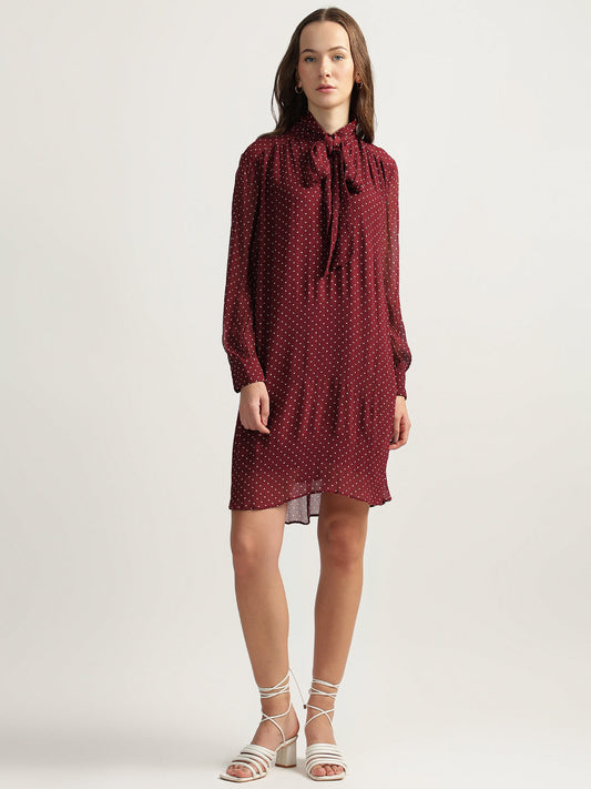 Gant Women Red Printed Tie-up Neck Full Sleeves Dress