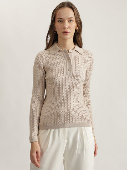 Gant Women Beige Solid Collared Full Sleeves Pullover Style Sweater