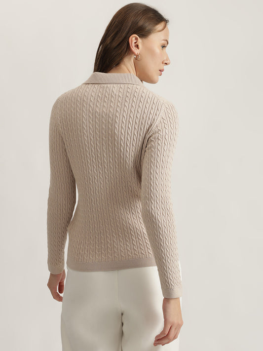 Gant Women Beige Solid Collared Full Sleeves Pullover Style Sweater