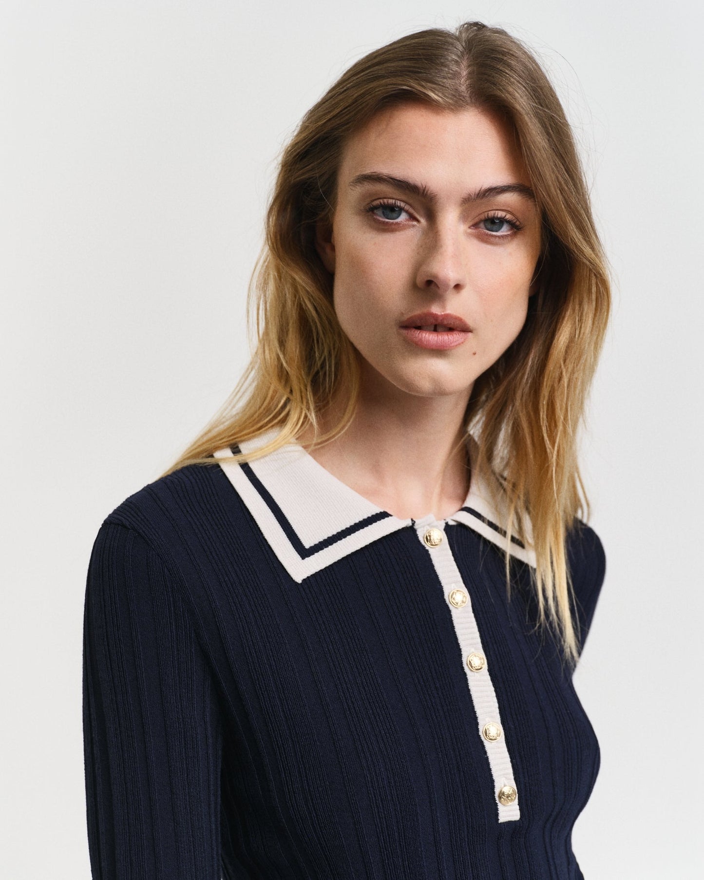 Gant Women Blue Solid Collared Full Sleeves Sweater