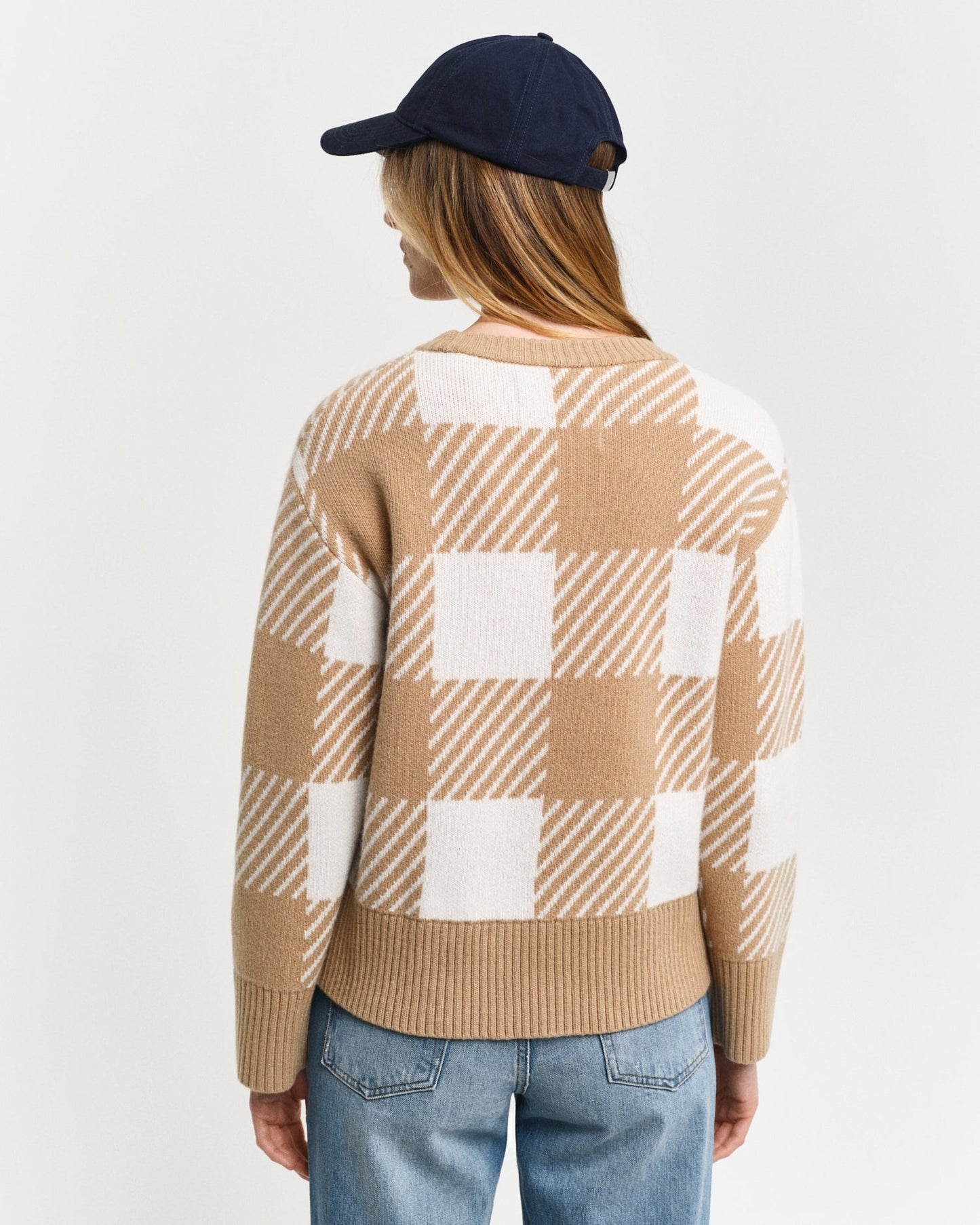 Gant Women Beige Checked Round Neck Full Sleeves Sweater