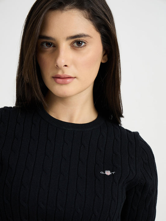 GANT Women Black Textured Round Neck Slim Fit Sweater