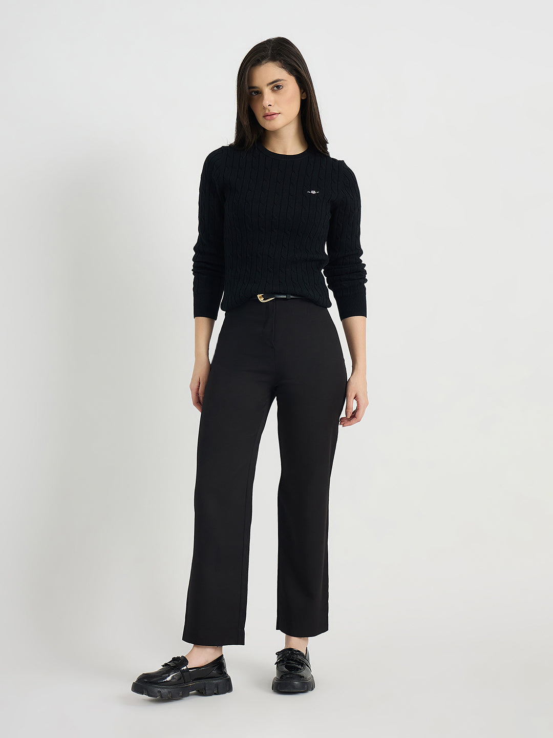 GANT Women Black Textured Round Neck Slim Fit Sweater
