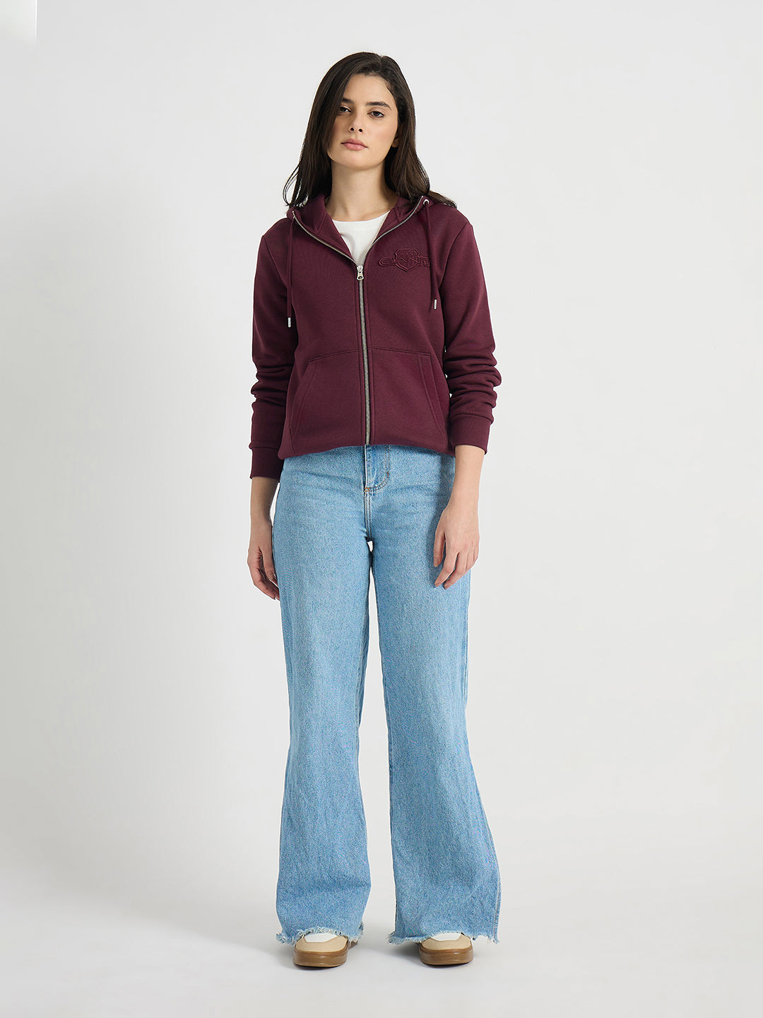 GANT Women Wine Tonal Shield Zip Hooded Sweatshirt