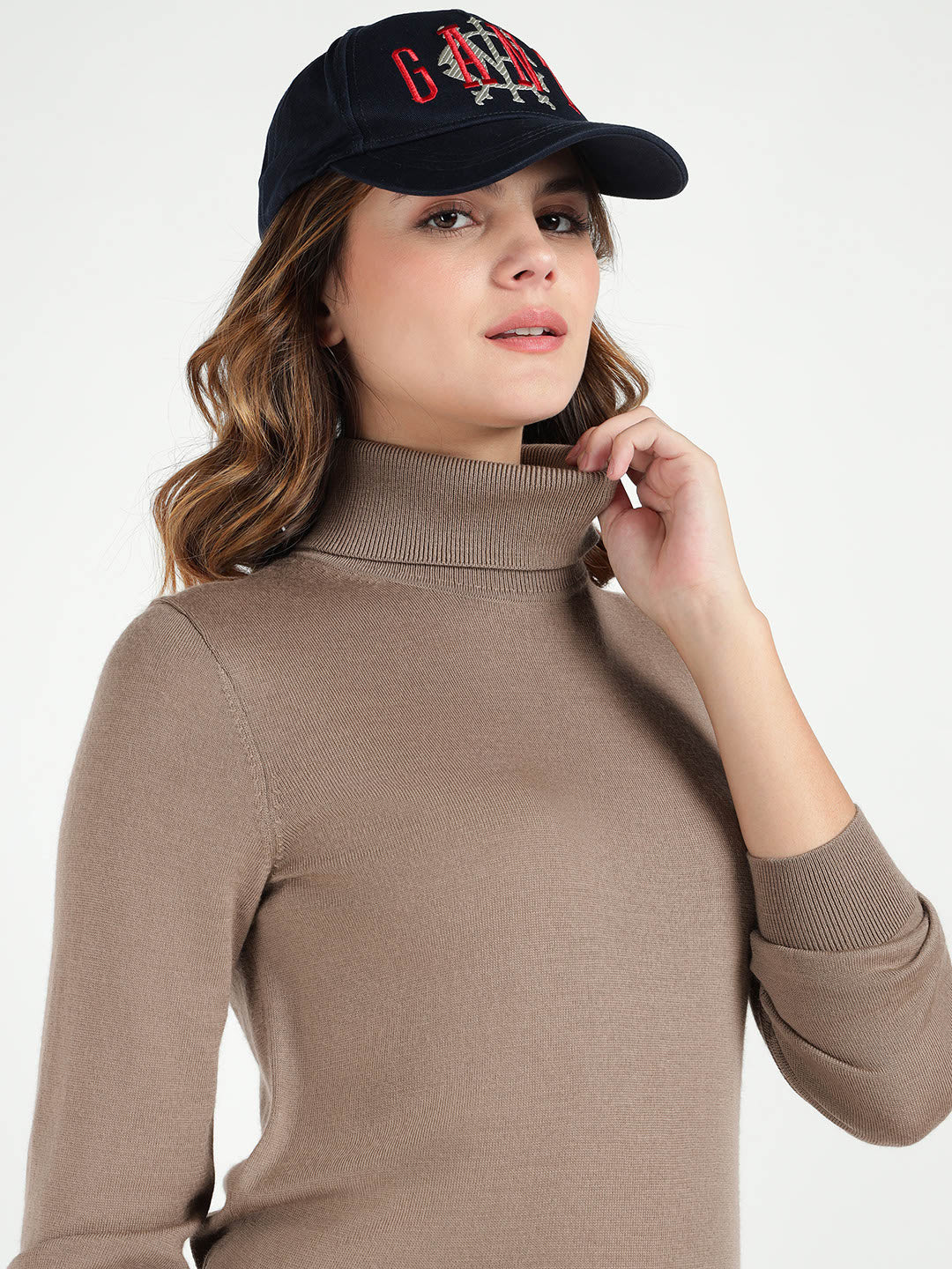 Gant Women Beige Solid Turtle Neck Sweater