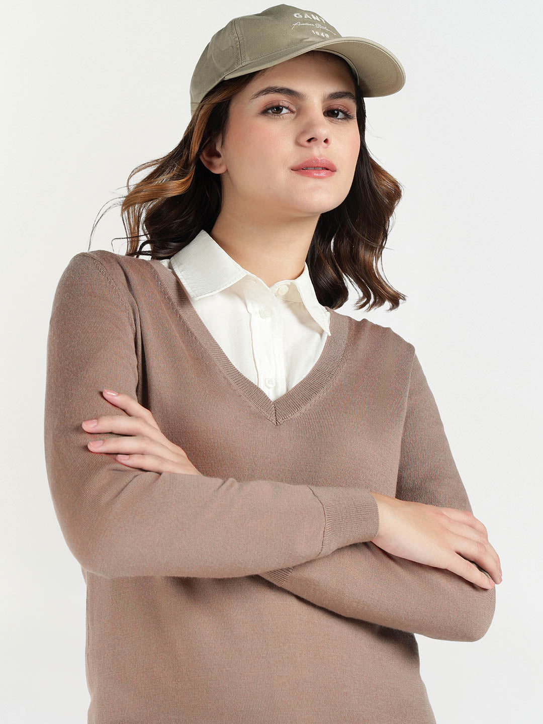 Gant Women Beige Solid V Neck Sweater