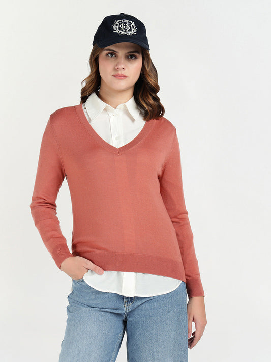 Gant Women Red Solid V Neck Sweater