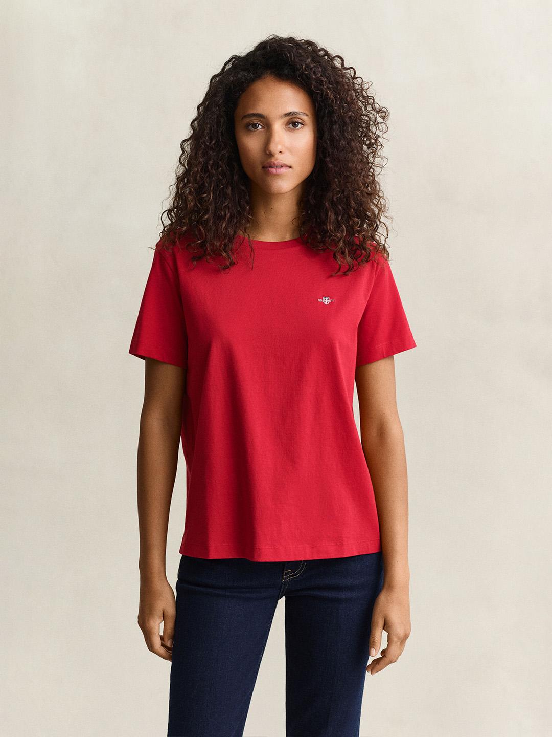 Gant Women Red Regular Fit Solid Cotton T-Shirt