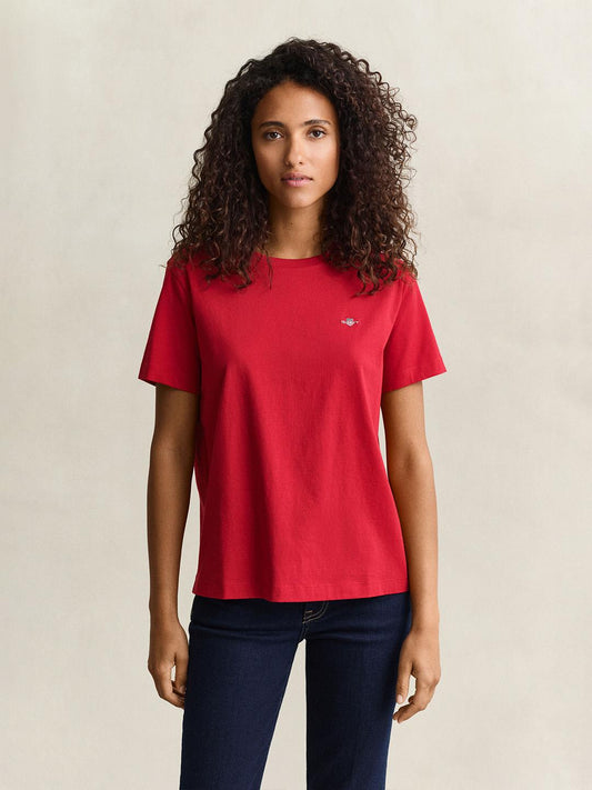 Gant Women Red Regular Fit Solid Cotton T-Shirt