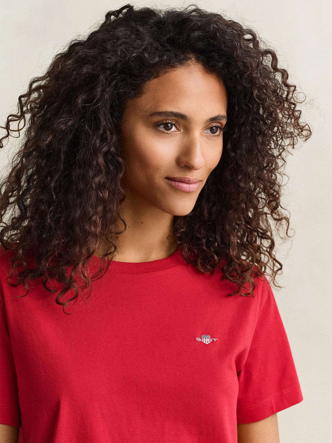 Gant Women Red Regular Fit Solid Cotton T-Shirt