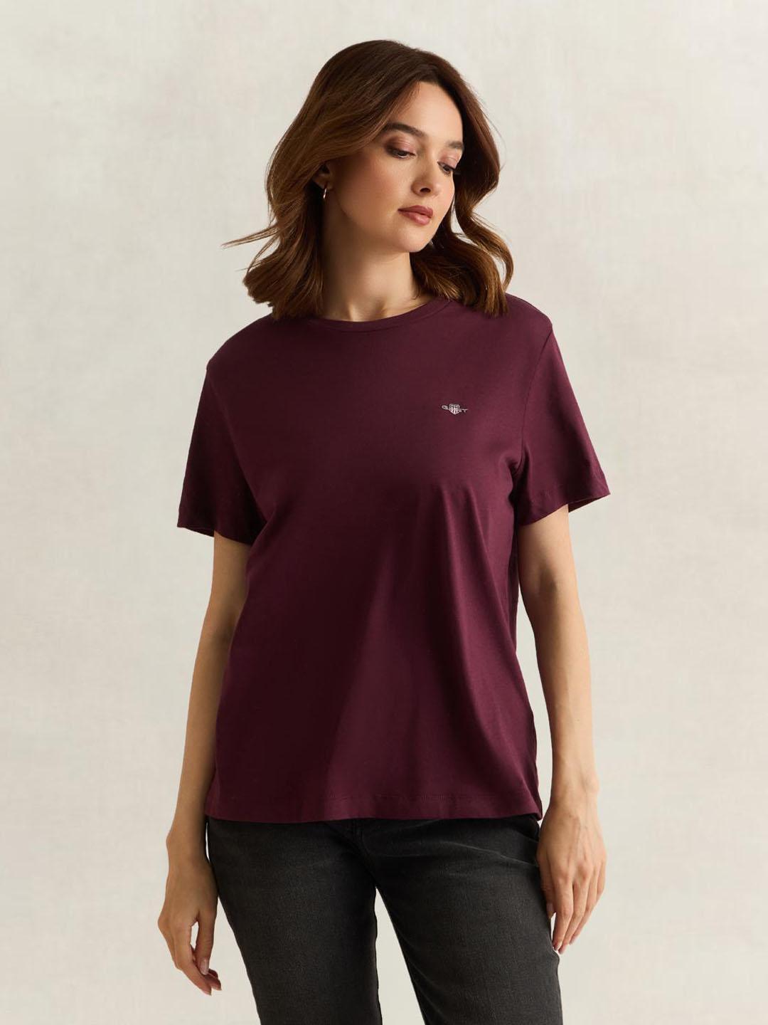 Gant Women Wine Solid Regular Fit Cotton T-Shirt