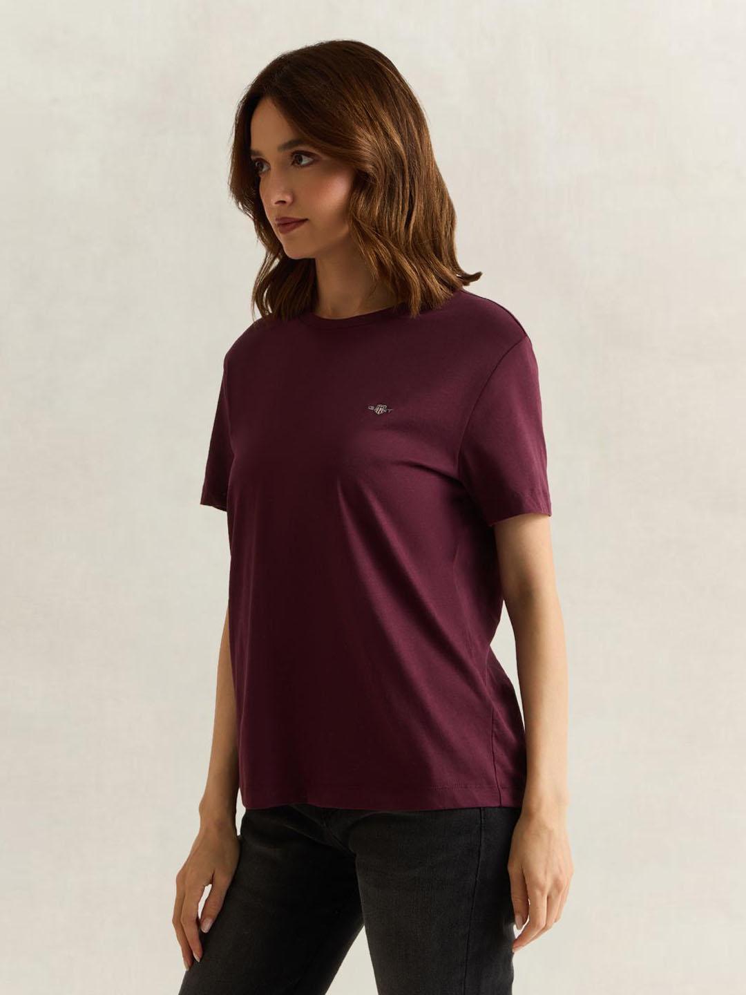 Gant Women Wine Solid Regular Fit Cotton T-Shirt