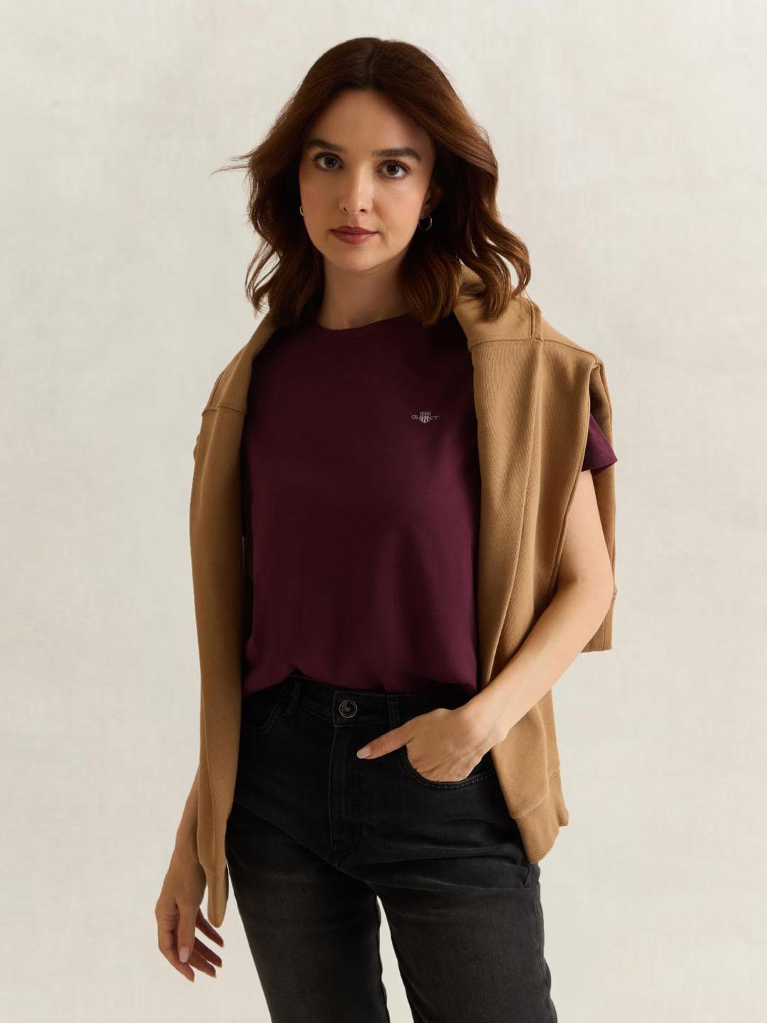 Gant Women Wine Solid Regular Fit Cotton T-Shirt