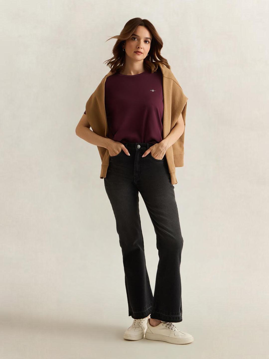 Gant Women Wine Solid Regular Fit Cotton T-Shirt