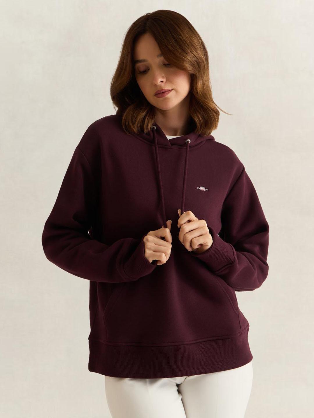 Gant Women Wine Solid Relaxed Fit Hoodie