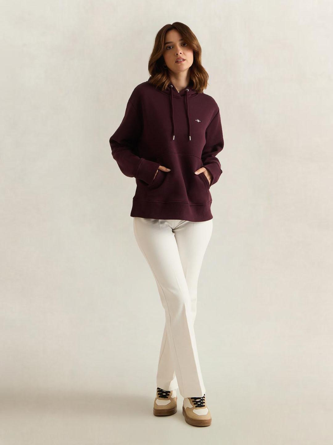 Gant Women Wine Solid Relaxed Fit Hoodie