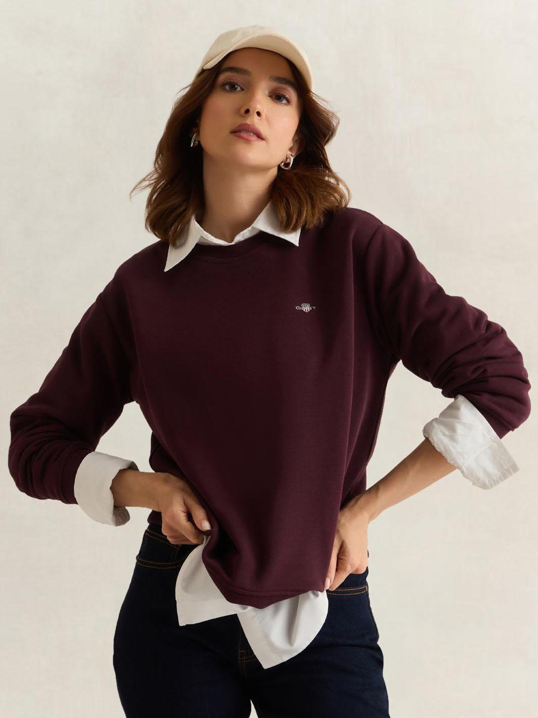 Gant Women Wine Solid Relaxed Fit Sweatshirt