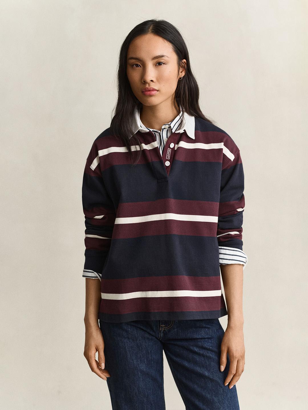 Gant Women Dark Blue Relaxed Fit Striped Cotton Sweatshirt
