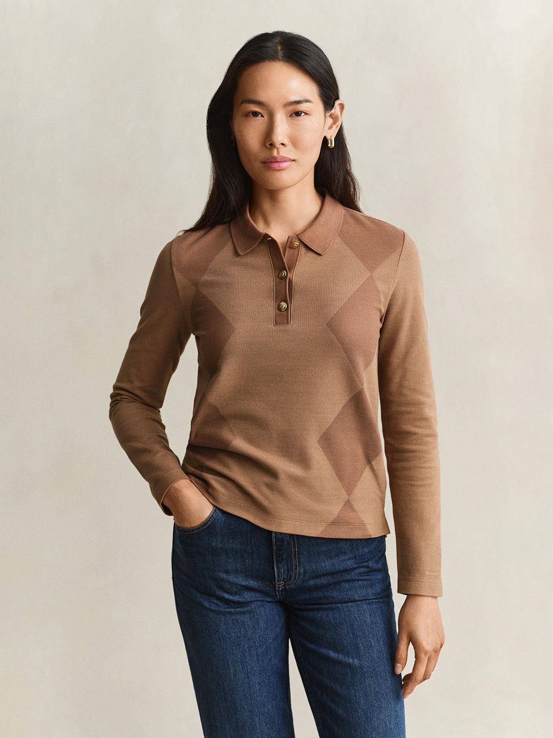 Gant Women Brown Regular Fit Solid Pure Cotton Polo Tshirt