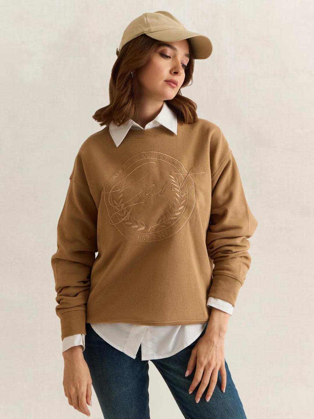 Gant Women Brown Graphic Relaxed Fit Cotton Sweatshirt